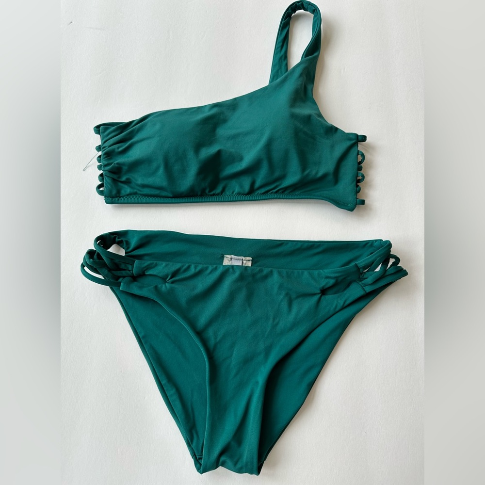 Women's Isabella Rose Paradise One-Shoulder Bikini Top/Bottom Green olive size S